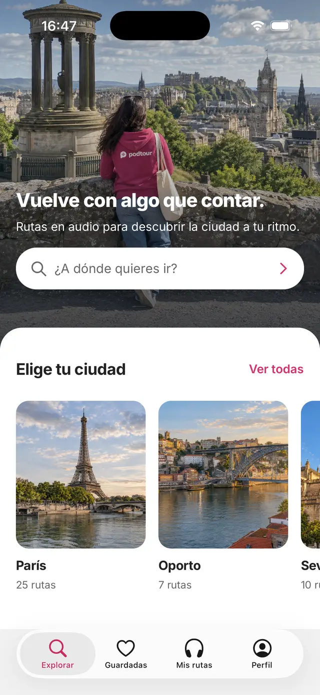 Pantalla real de Podtour para descubrir ciudades