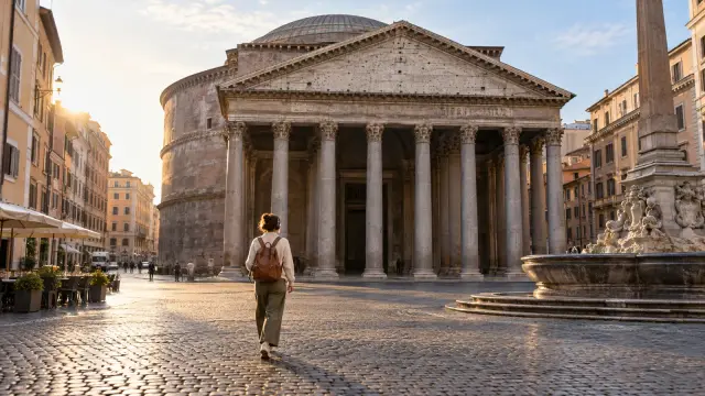 Una persona con auriculares frente al Panteón de Roma.