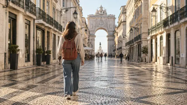 Una persona con auriculares camina entre las fachadas de la Baixa de Lisboa.