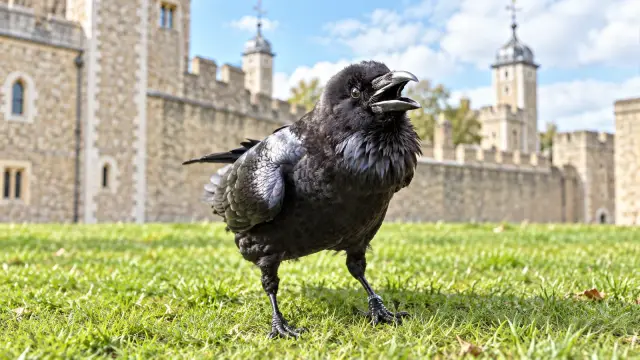 A raven on the grass at the Tower of London, with the fortress's stone walls behind it