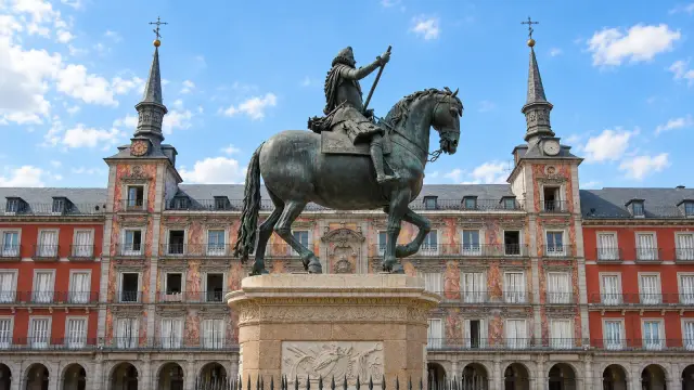 Equestrian statue of Philip III in Madrid's Plaza Mayor, the horse raising one foreleg