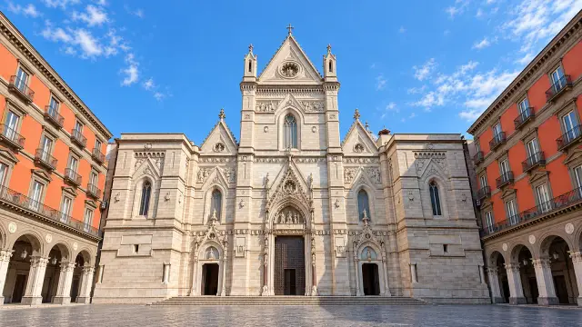 The façade of Naples Cathedral seen from Via Duomo, in the historic centre