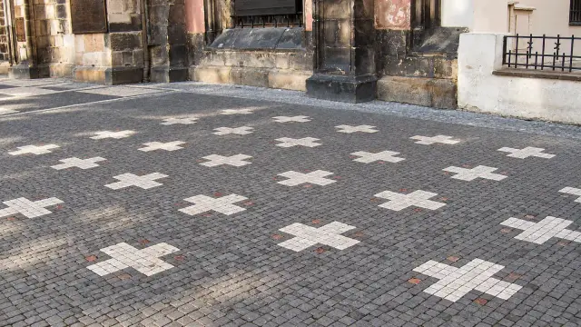 Crosses set into the cobbles beside Prague's Old Town Hall, in memory of the executions of 1621