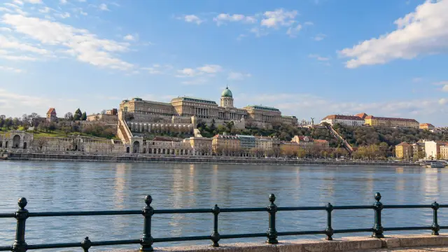 The Danube from the Pest promenade, with Castle Hill and Buda Castle on the far bank, in Budapest